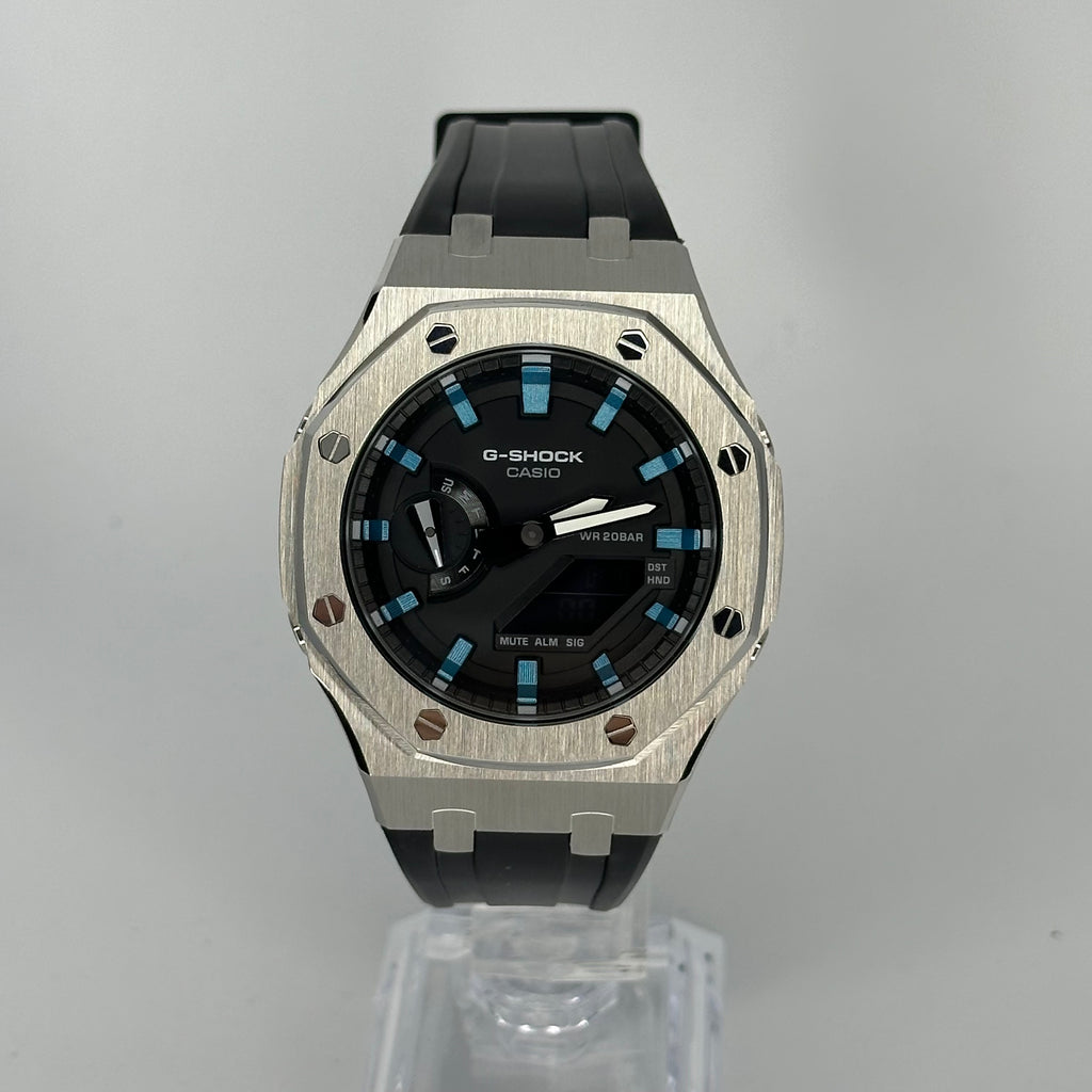 Custom G-Shock GA2100 CasiOak Black Rubber Strap - Metallic Blue