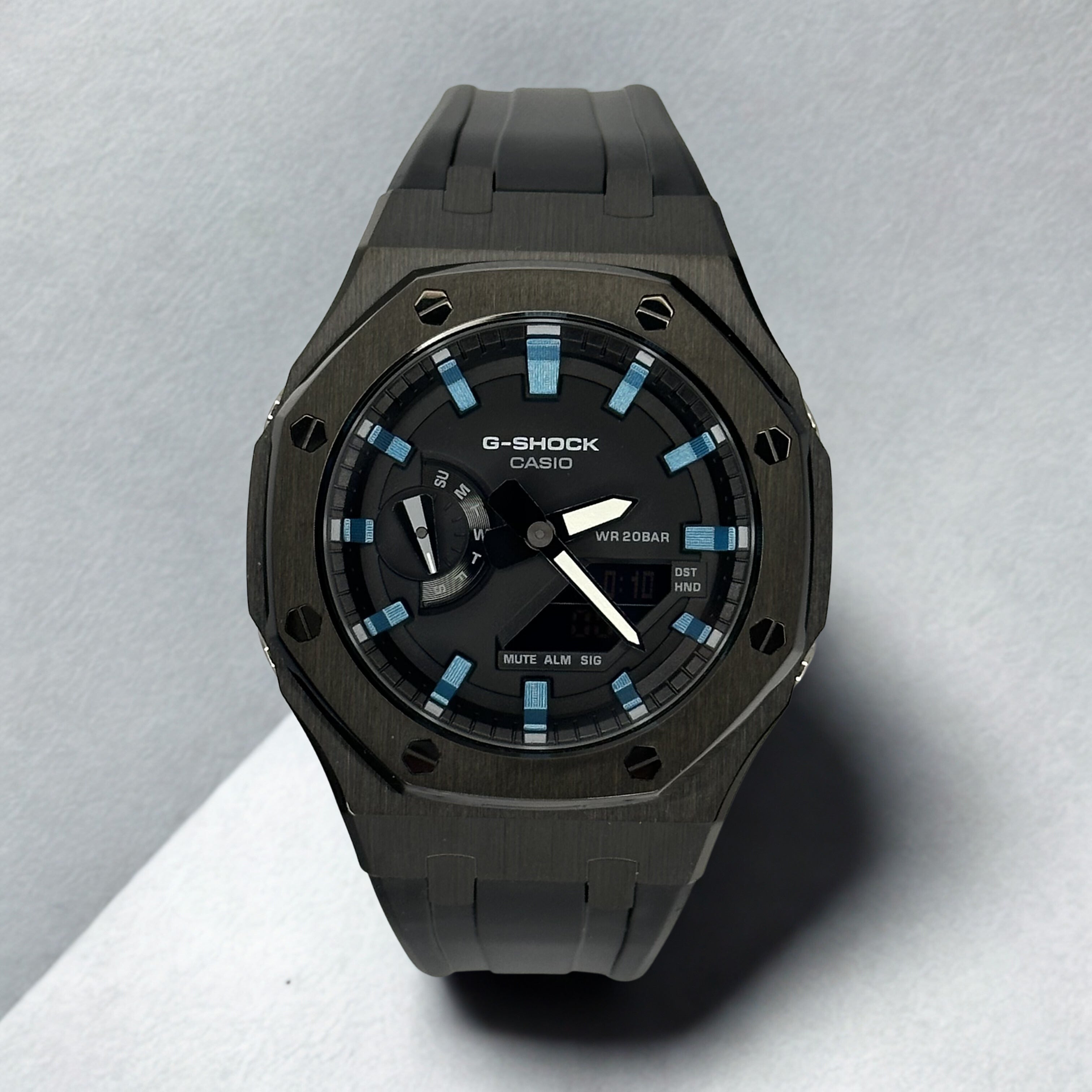 Custom Casio G-Shock GA2100 CasiOak Rubber Strap - Metallic Blue Hour Markers
